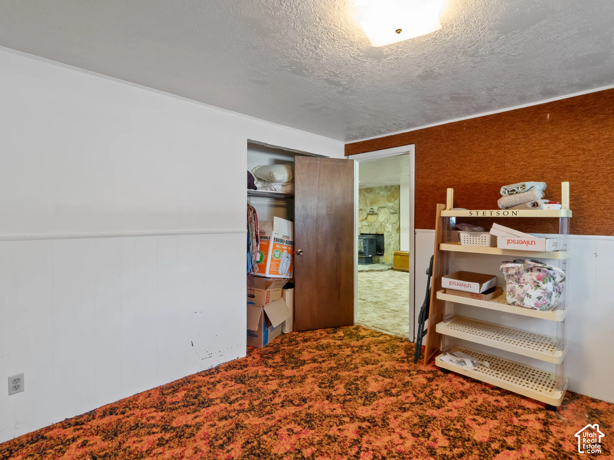 Room featuring distinct orange-patterned carpeting and white wainscoting