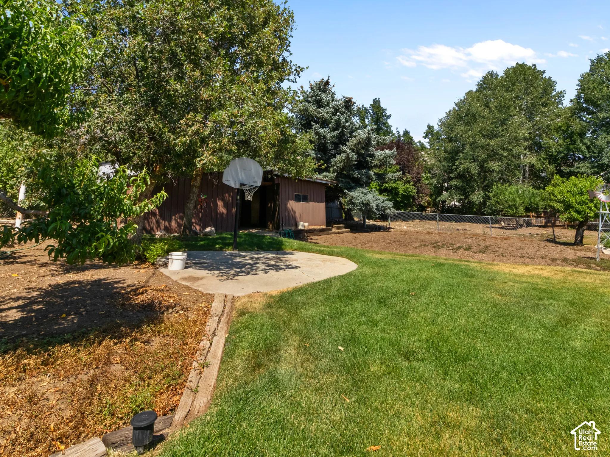 Expansive backyard featuring a large grass area, mature trees, a concrete pad, a freestanding structure, and a chain-link fence