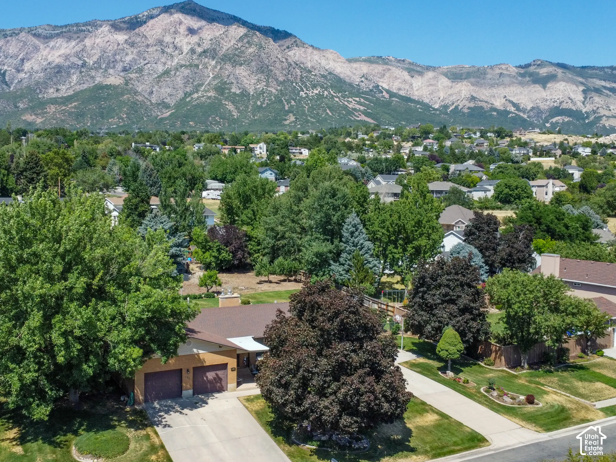Expansive mountain backdrop with a residential area featuring mature trees and established landscaping