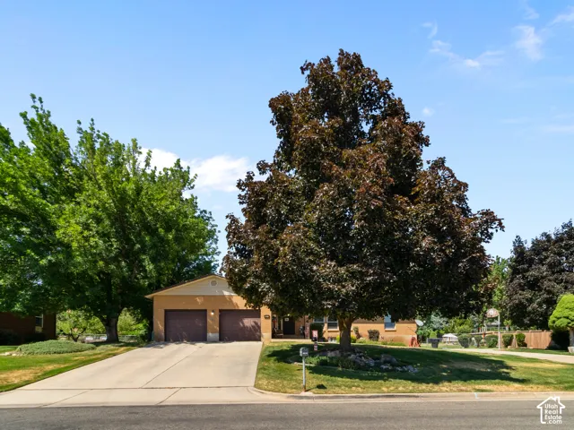 Single-story residence featuring a two-car garage with dark wood-finish doors