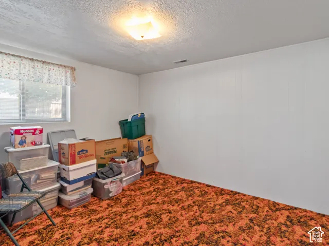Room featuring orange and black patterned carpet, white paneled walls, and a window with blinds