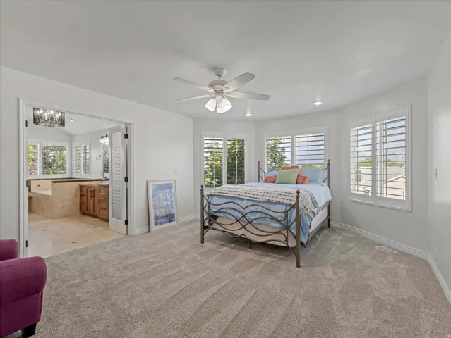 Spacious bedroom featuring plush carpeting and multiple windows with plantation shutters
