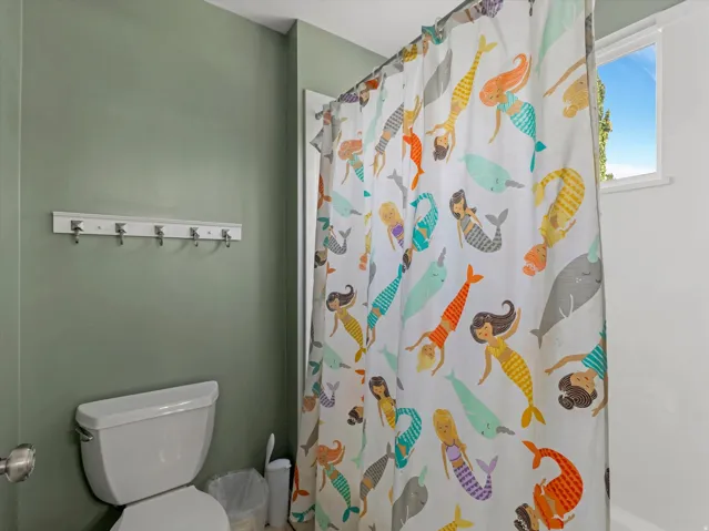 Bathroom featuring light green walls, a white toilet, and a window providing natural light