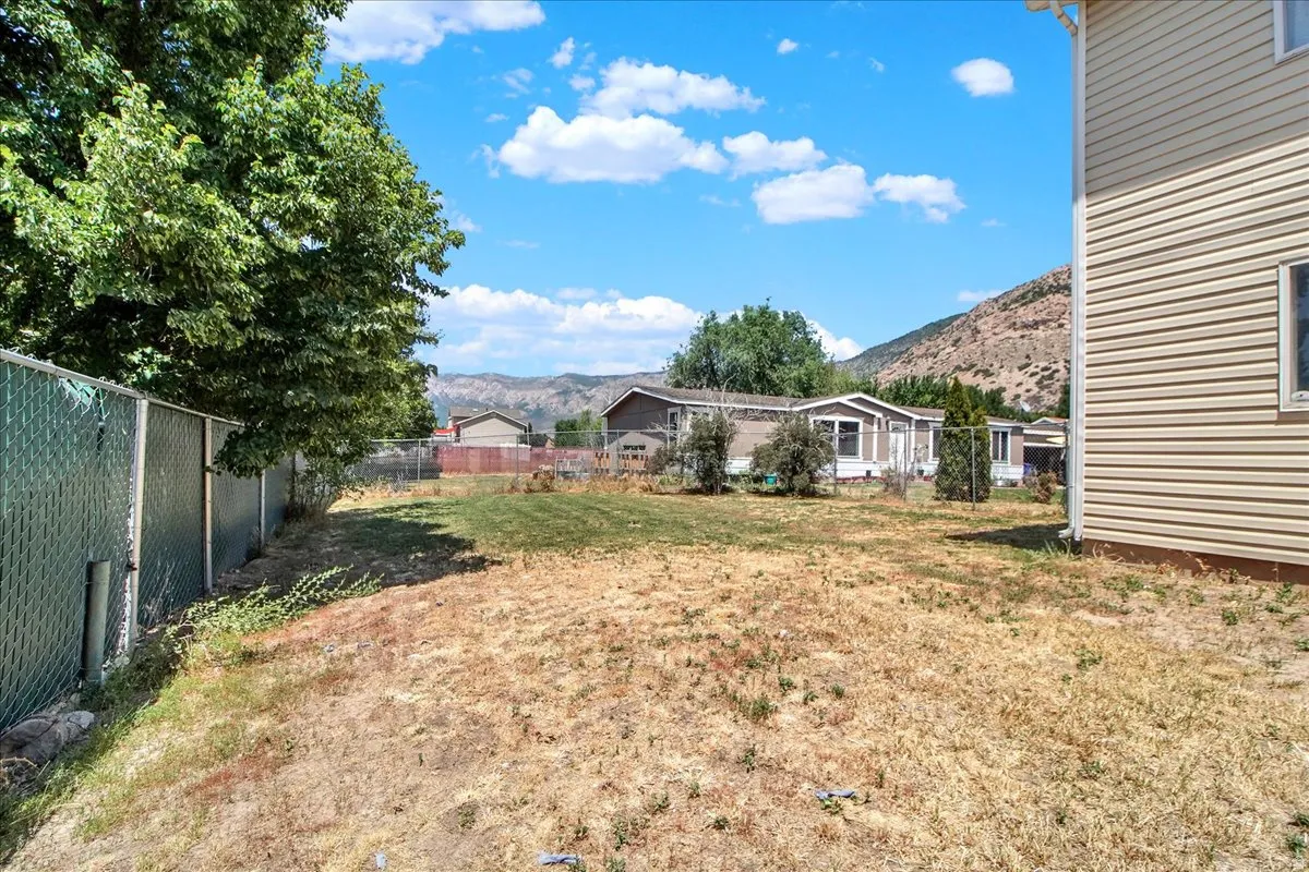 Expansive backyard featuring a full chain-link fence, mature tree, and mountain backdrop