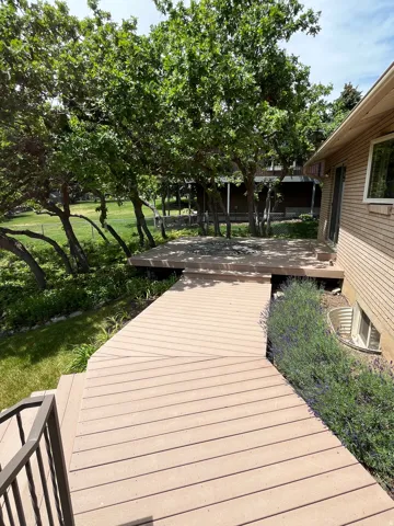 Multi-level composite decking with integrated steps, black metal railing, and mature trees providing natural shade