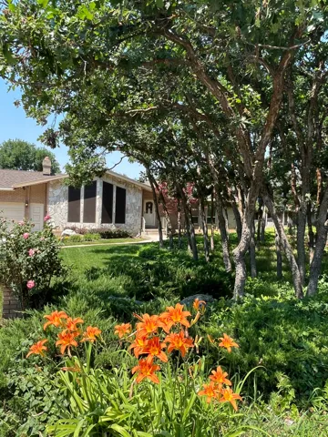 Landscaped front yard featuring vibrant orange daylilies, green shrubs, a manicured lawn, and mature trees