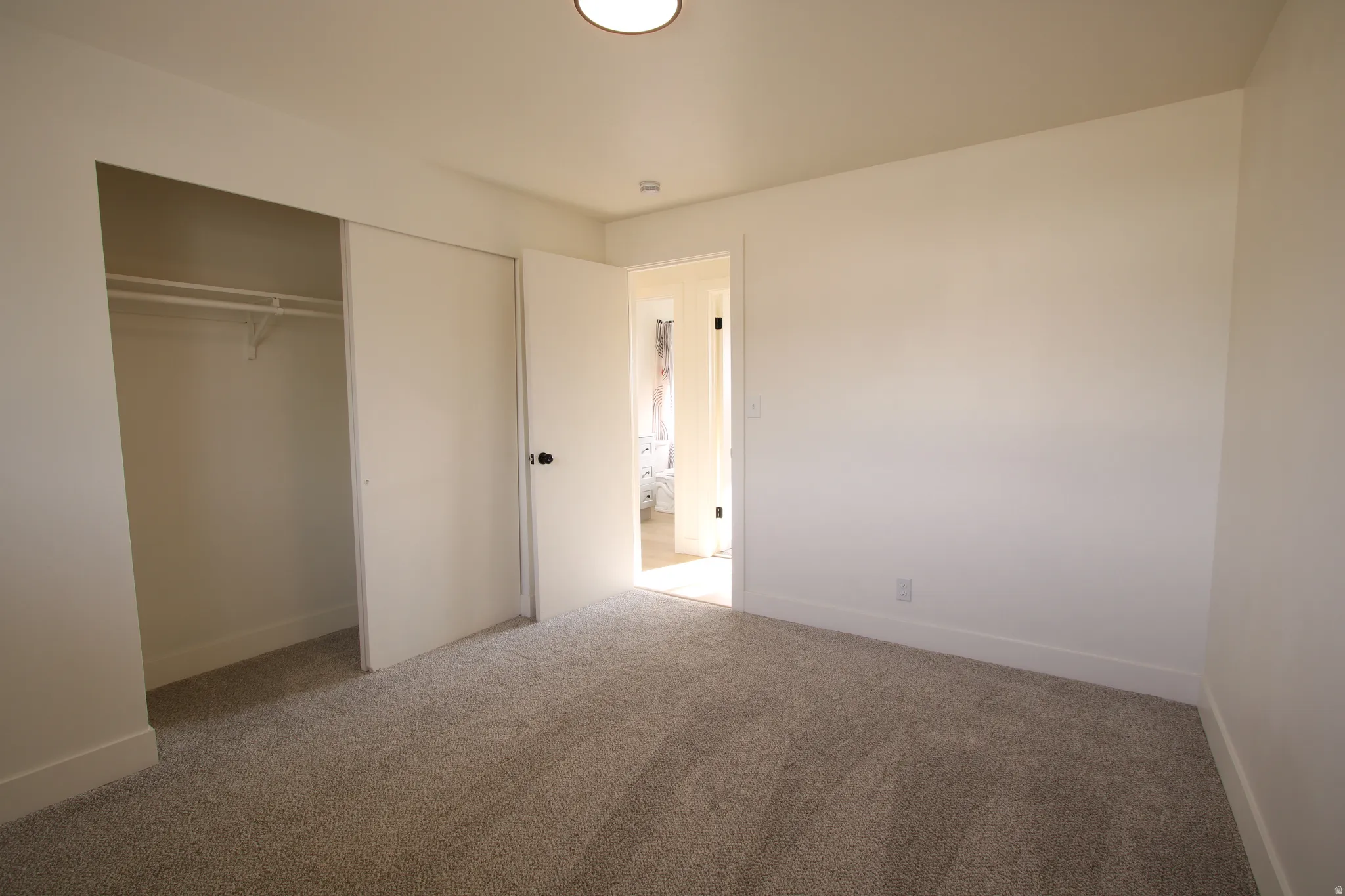 Carpeted room featuring a white interior door, a two-panel sliding closet door, and a flush-mount ceiling light fixture
