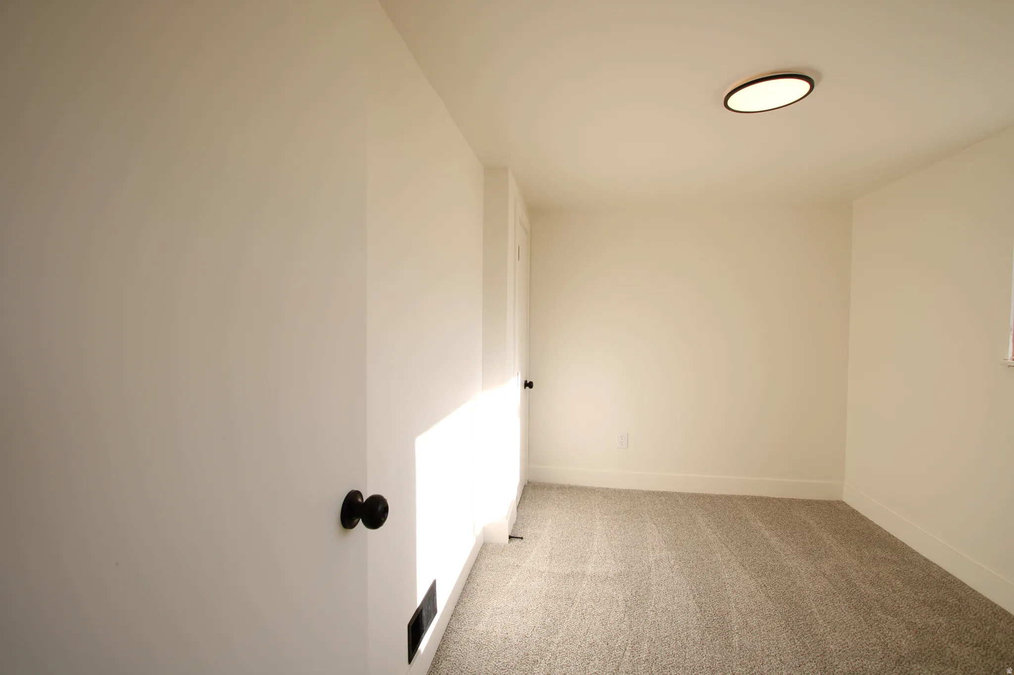 Light-colored carpeting and white walls complement the flush-mount ceiling light fixture