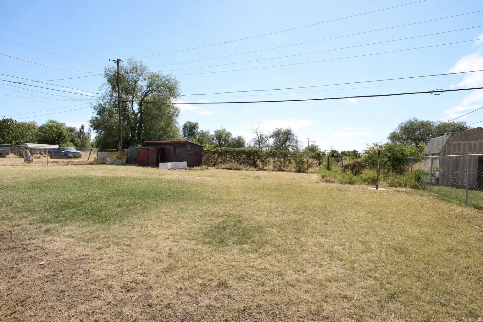 Expansive grass area with mature trees and a chain-link fence