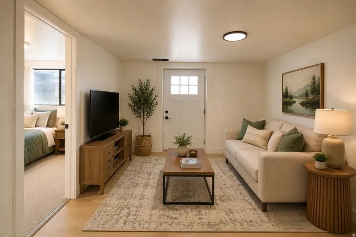Open living area featuring hardwood flooring, a wood-finish media console, and neutral wall finishes