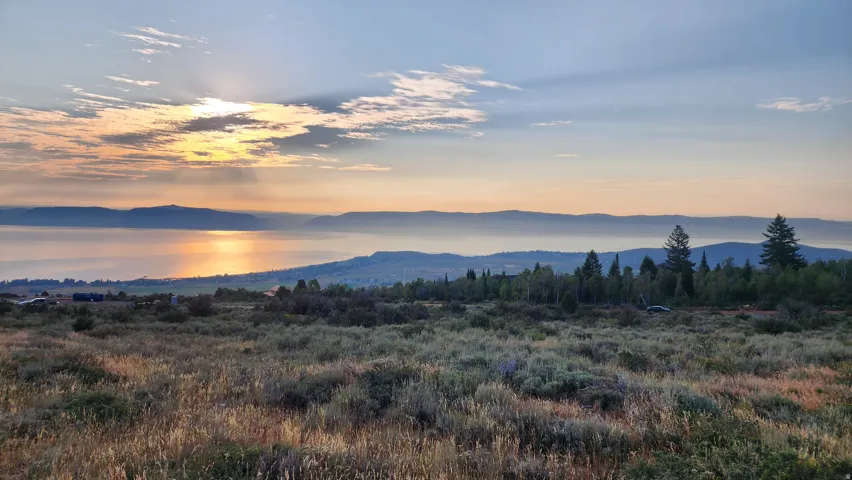 Expansive natural landscape featuring a broad body of water, distant mountain ranges, and a scattering of evergreen trees