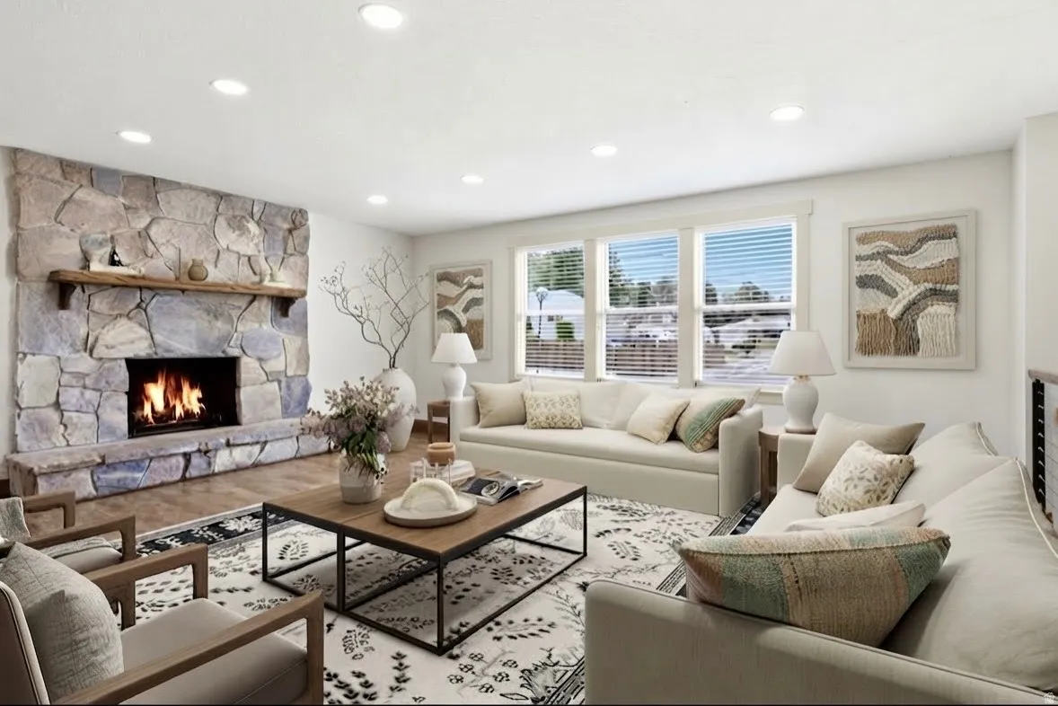 Stone fireplace with a wood mantel, recessed lighting, wood-finish flooring, and multiple windows. Virtual staging.