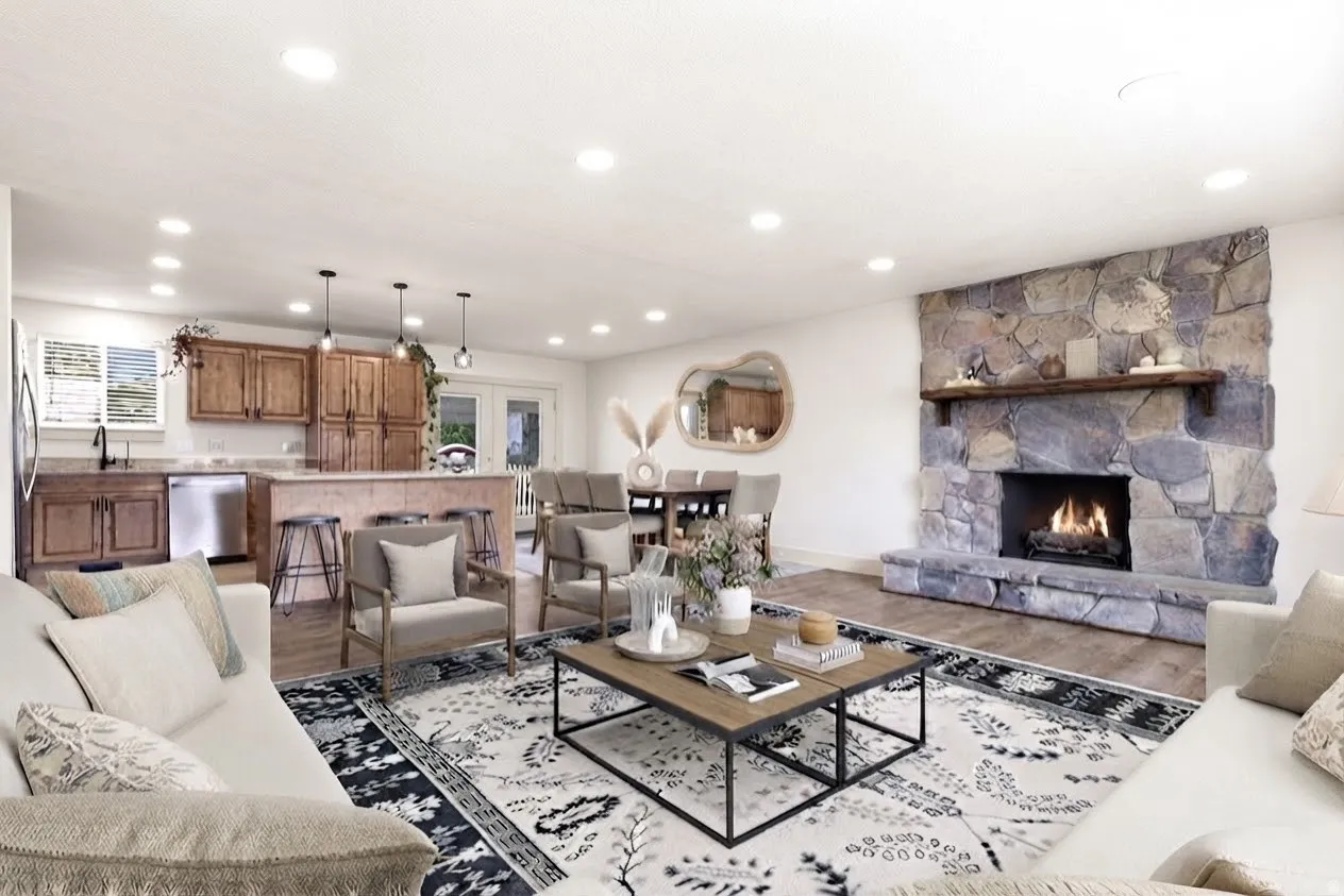 Open concept living area with a stone fireplace, wood-finish flooring, recessed lighting, and a kitchen featuring wood cabinetry and an island with pendant lighting. Some virtual staging.