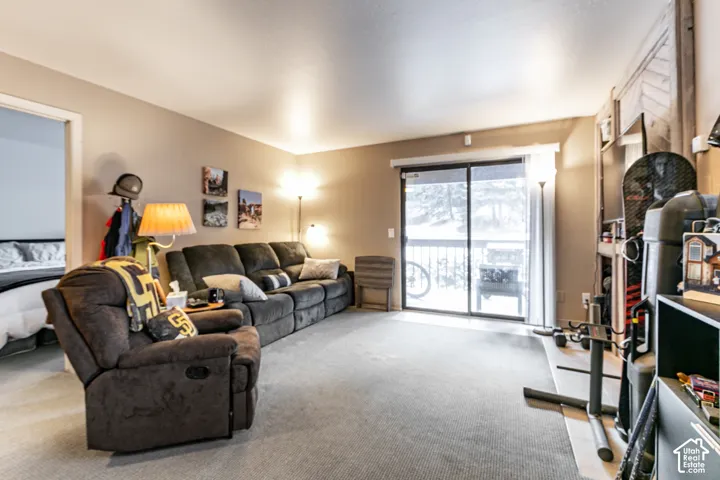Living area featuring neutral-toned walls, recessed lighting, and grey carpeting