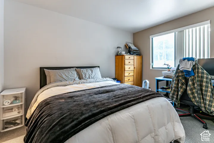 Carpeted room featuring neutral wall tones and a window with vertical blinds