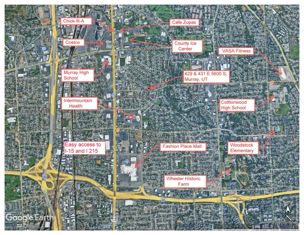 Aerial Map. Presenting the property location in Murray, UT, with nearby establishments and transportation routes