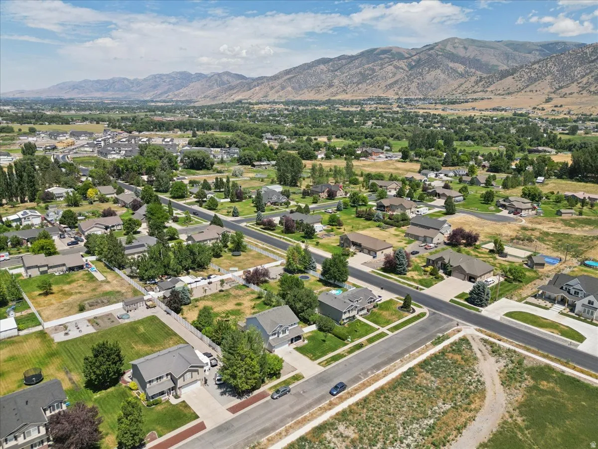 Expansive residential area featuring numerous single-family homes, mature trees, and mountainous terrain in the background