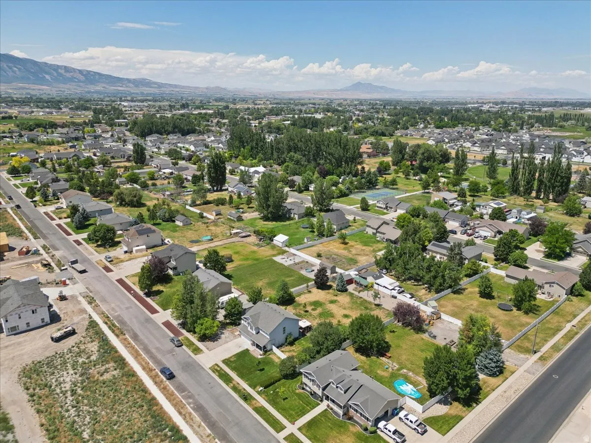 Aerial view showcasing residential properties, paved streets, and mature trees