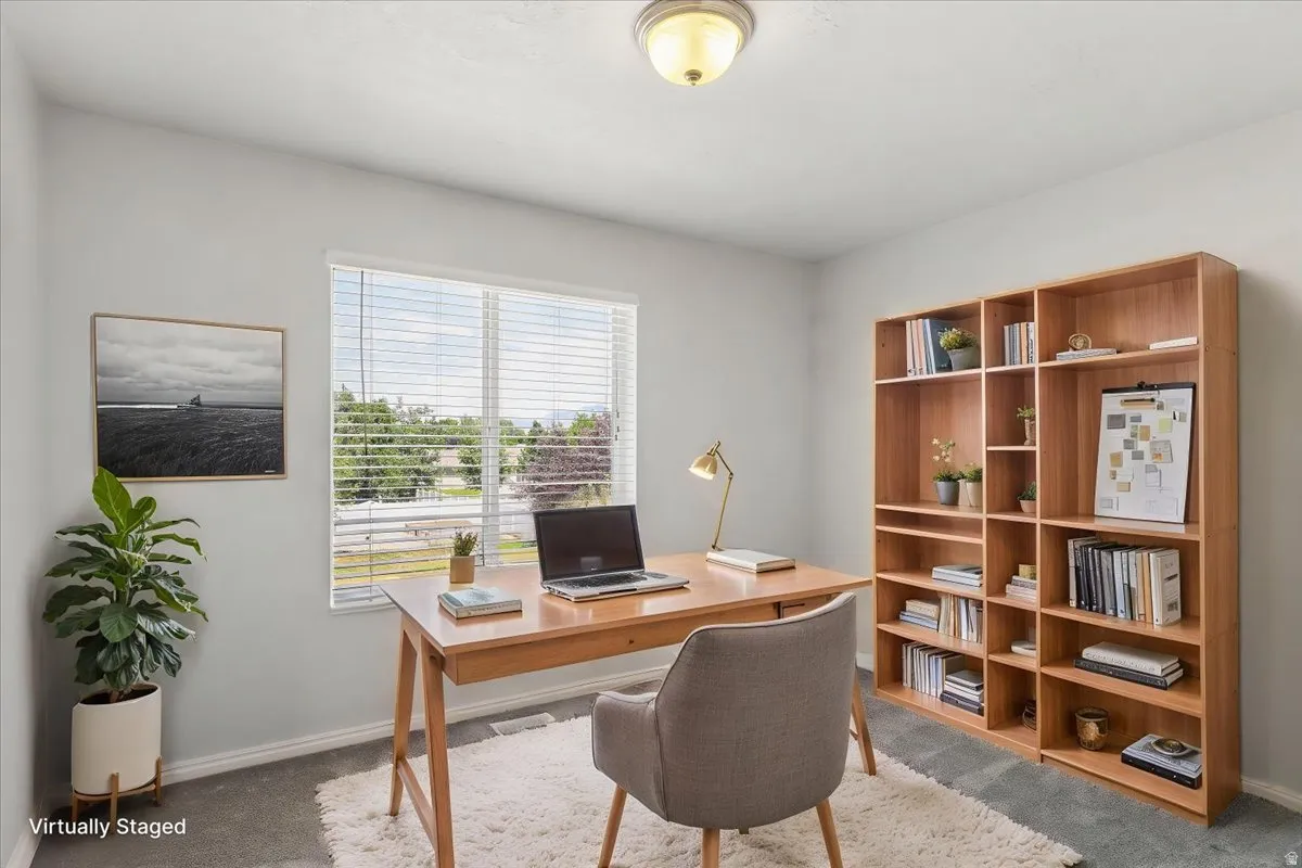 Room with light gray walls, white trim, and gray carpet