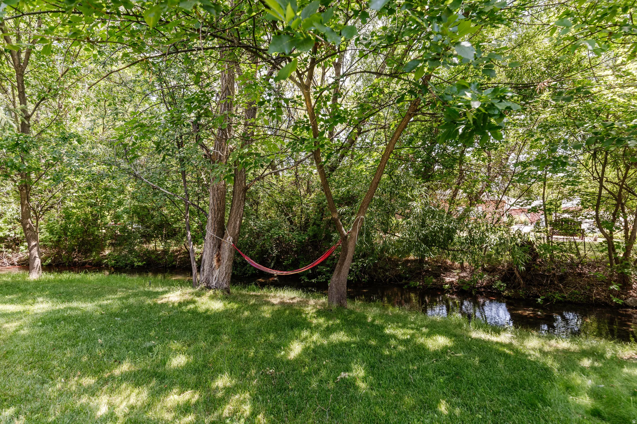 Lush green lawn bordered by mature trees and a natural water feature
