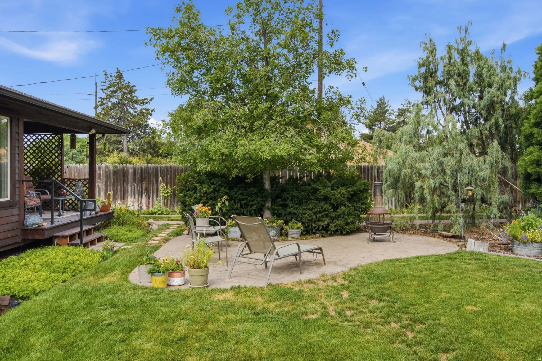 Expansive backyard featuring a curved paver patio, a manicured lawn, and mature trees