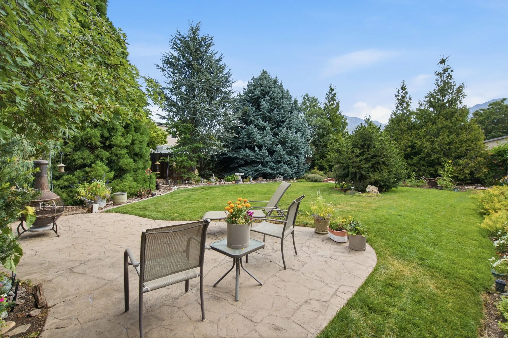 Expansive backyard featuring a stamped concrete patio, a manicured lawn, and mature evergreen trees
