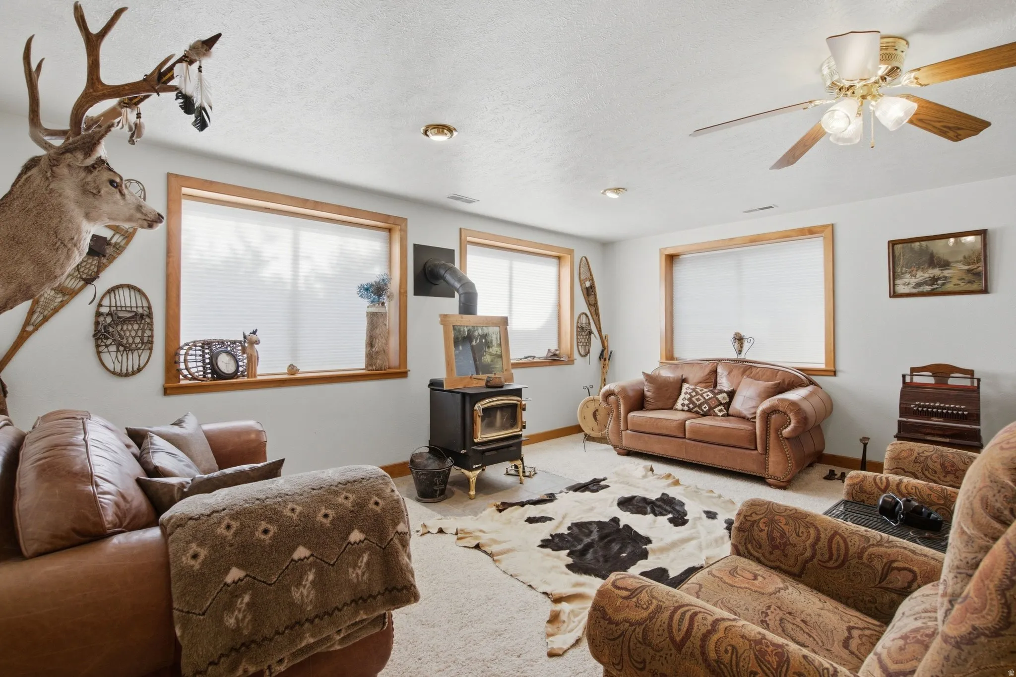 Carpeted living space featuring a freestanding wood-burning stove with a fluted pipe