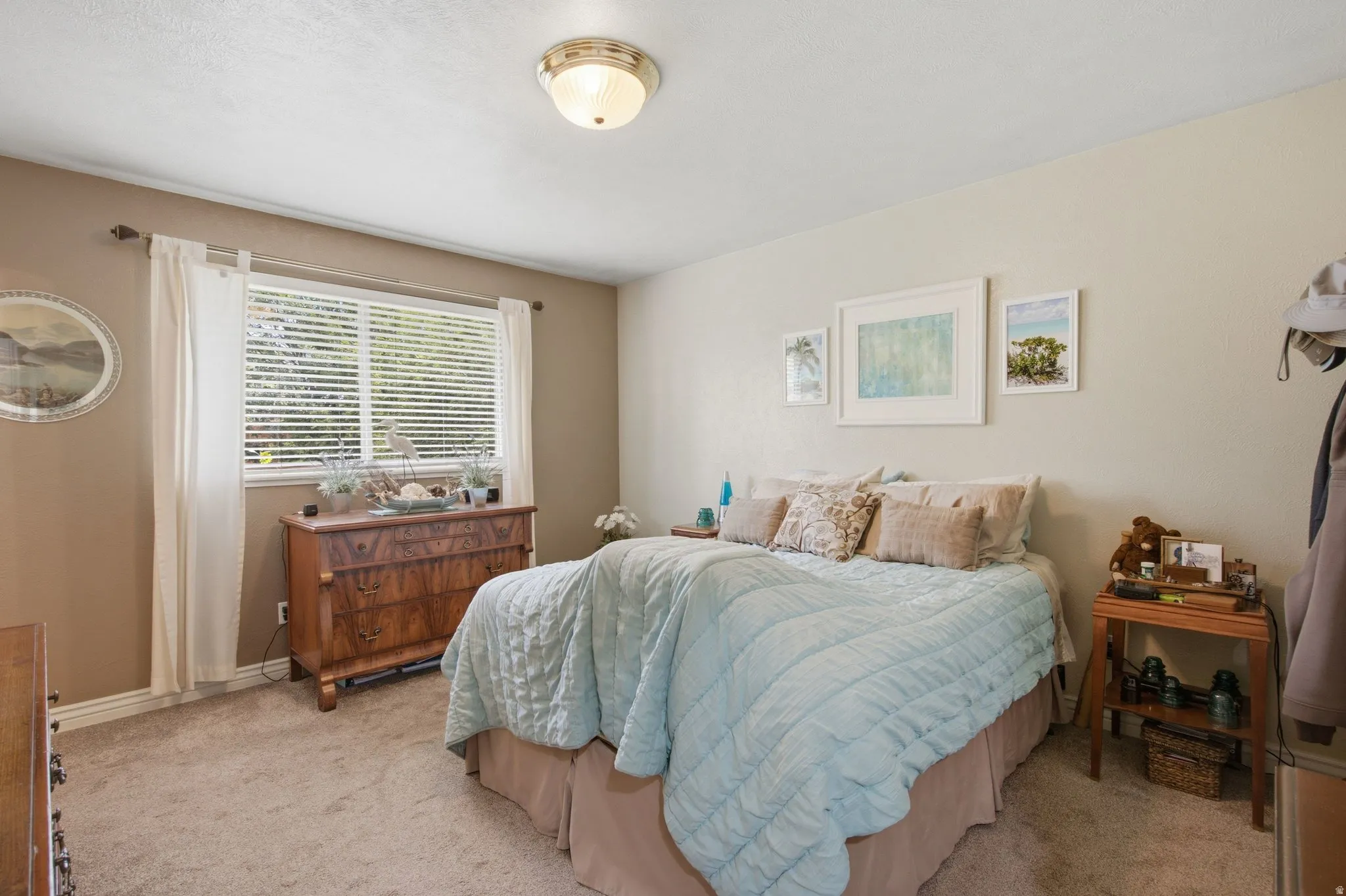 Carpeted bedroom featuring a large window with blinds and drapes, a flush-mount ceiling light fixture, and neutral wall tones