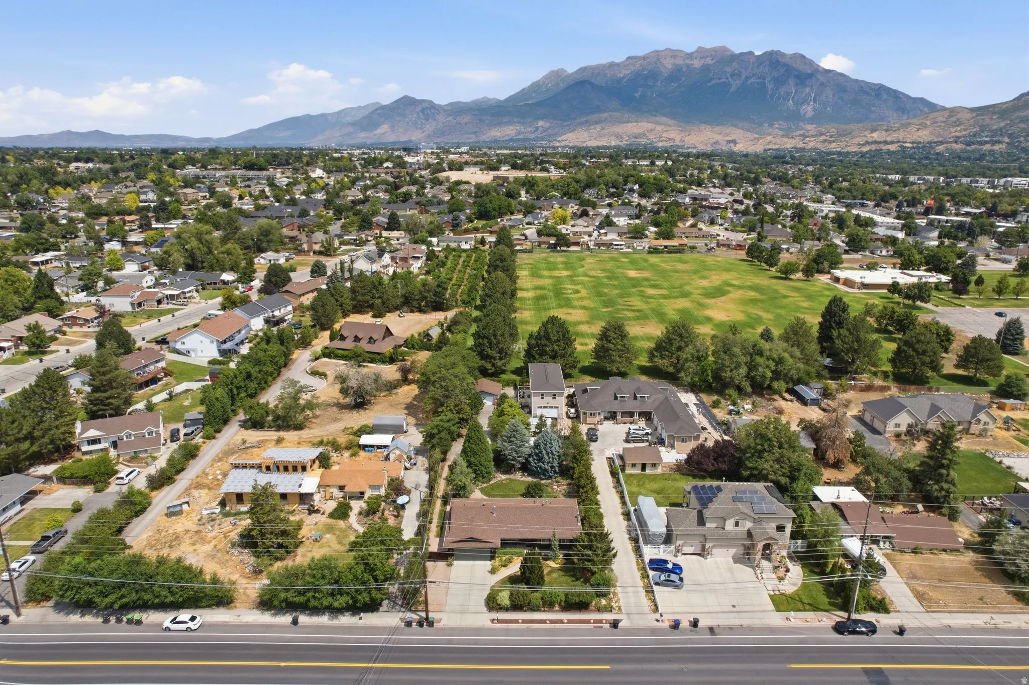 Expansive mountain range backdrop framing a residential area with mature trees and varied lot sizes