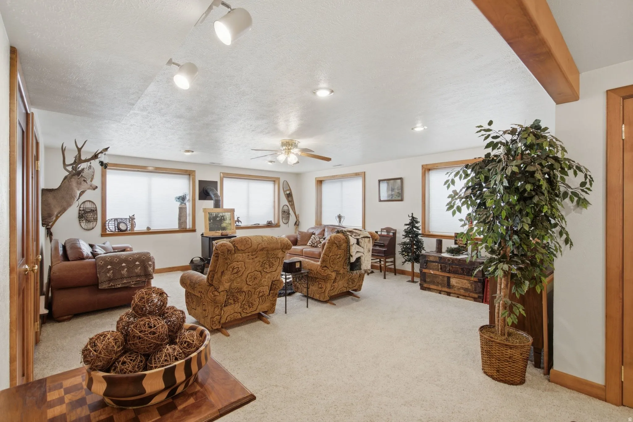 Spacious room featuring light-colored carpeting and multiple windows