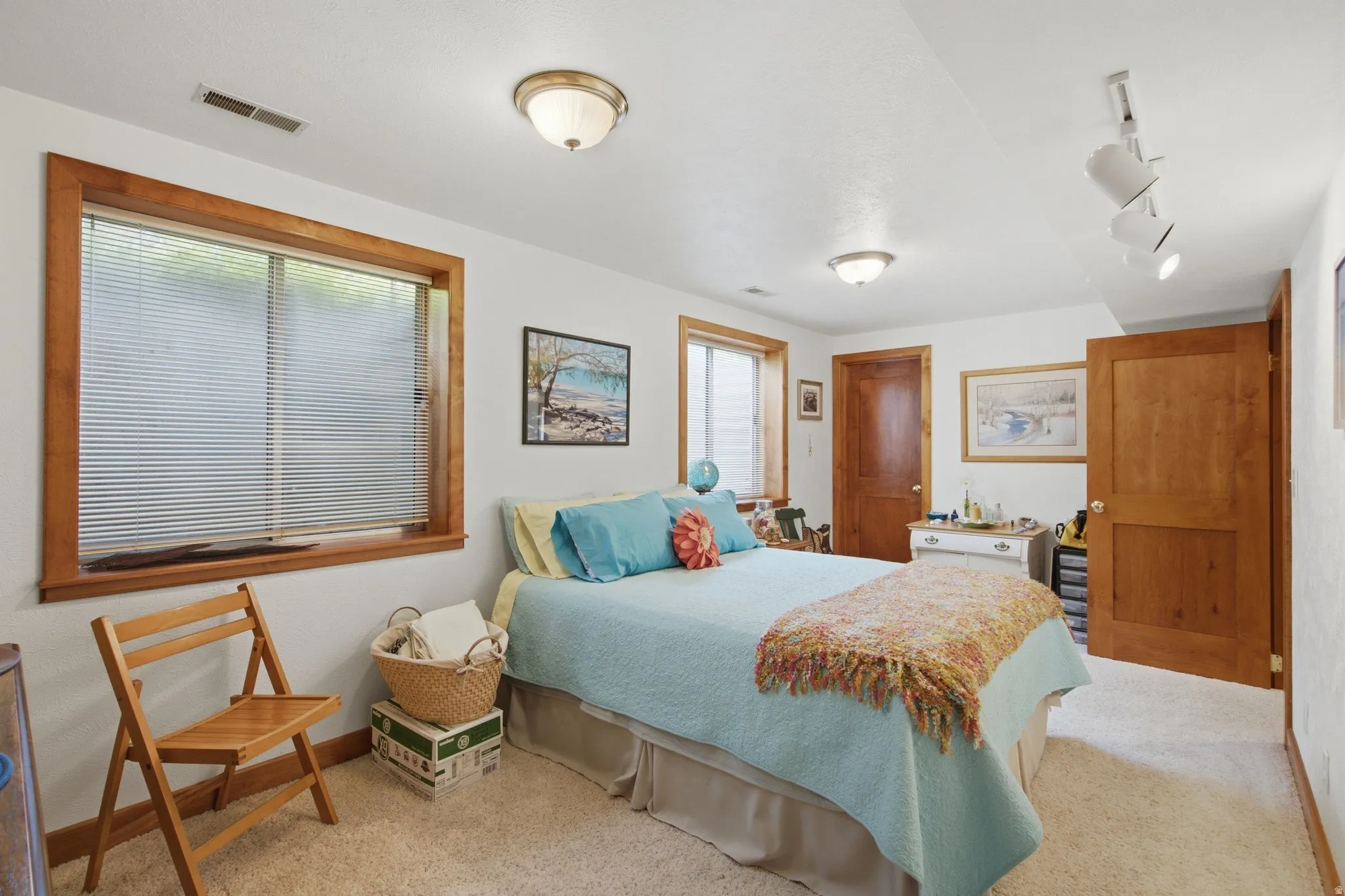 Carpeted room featuring natural wood window trim, two overhead flush-mount light fixtures, and a track lighting fixture
