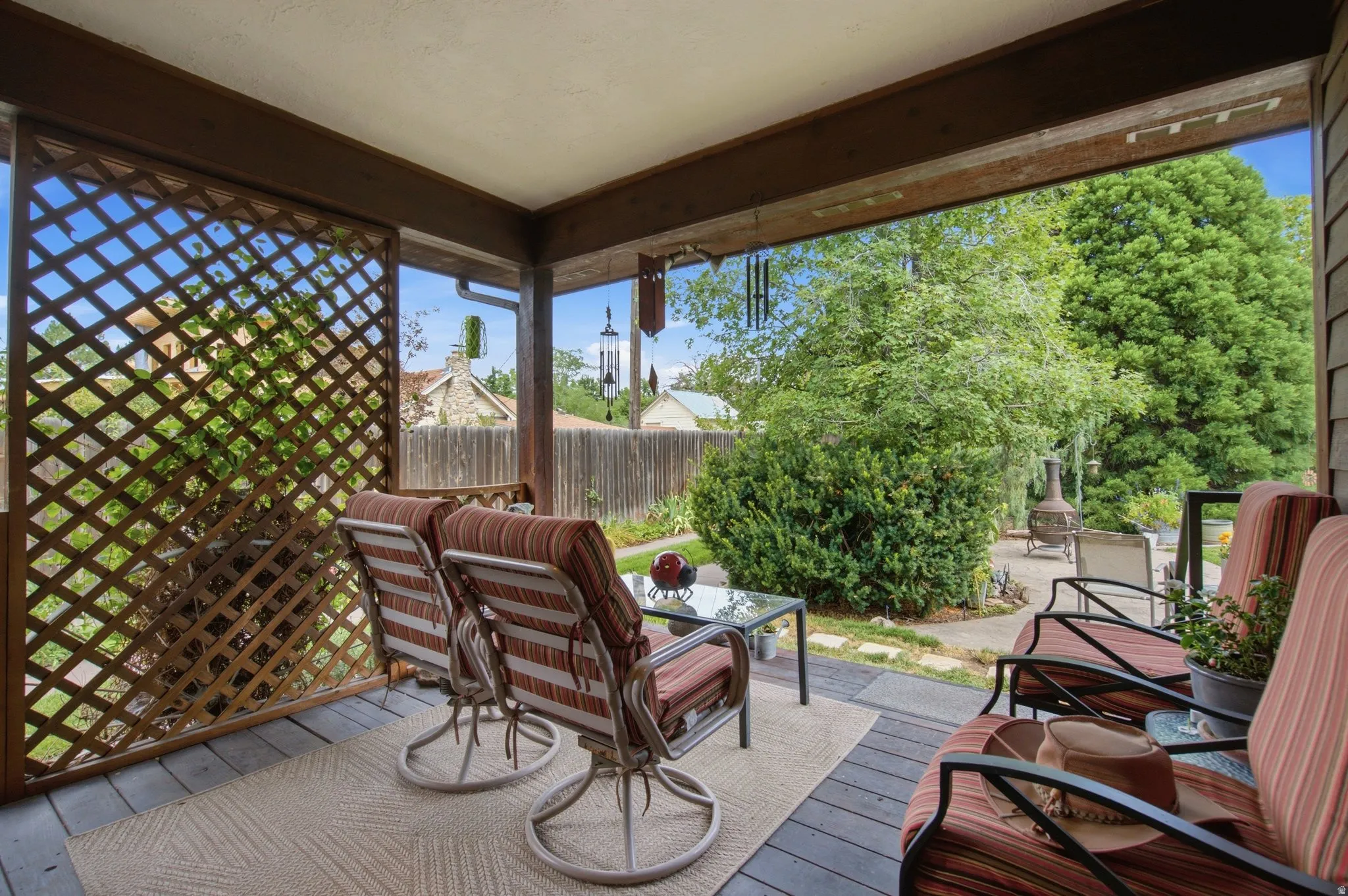 Covered deck with dark wood-finish decking and a lattice privacy screen