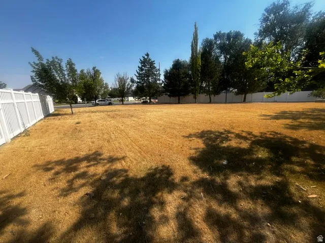 Expansive undeveloped lot featuring a white vinyl privacy fence, mature perimeter trees, and a clear sky backdrop