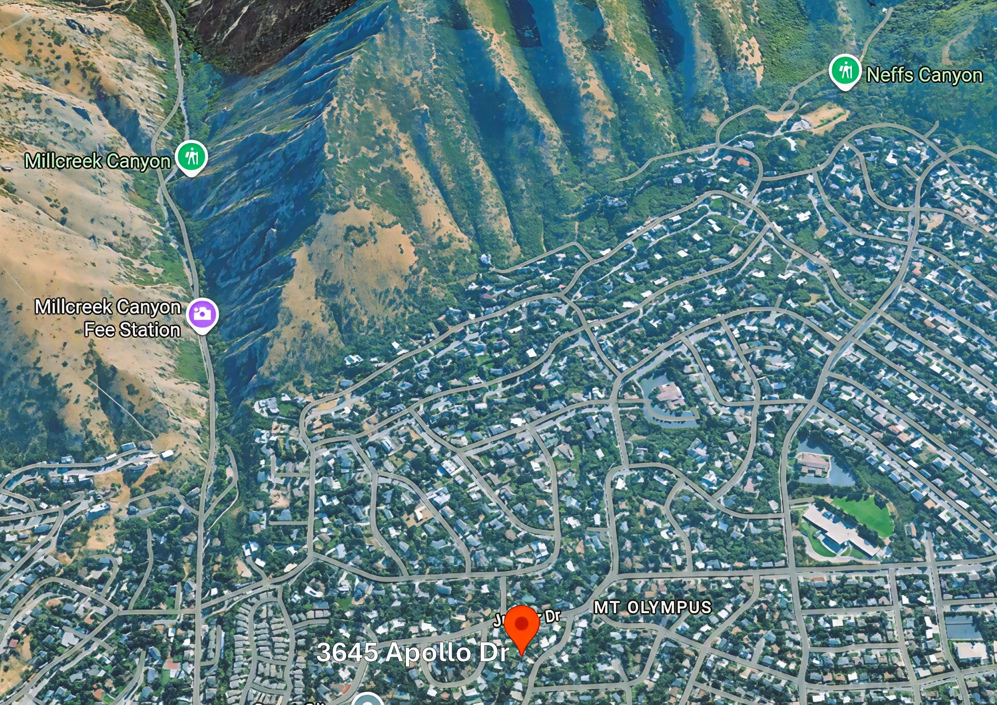 Map Image displaying the geographic location of the property at 3645 Apollo Dr in Mt Olympus neighborhood near the mouth of Millcreek and Neffs canyons.
