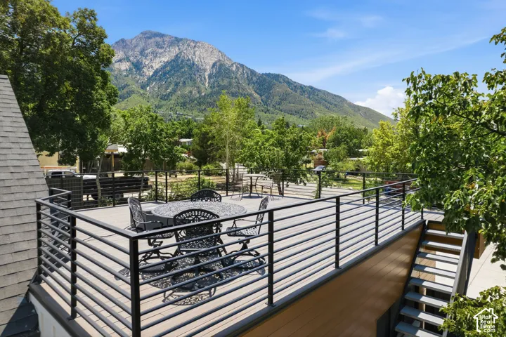 Elevated deck over the garage offering a grand view to Mt Olympus.