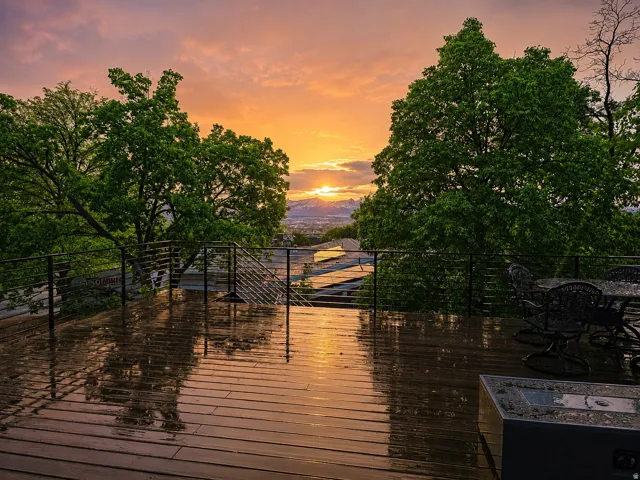 View to the sunset from the elevated deck over the garage on August 13, 2026.