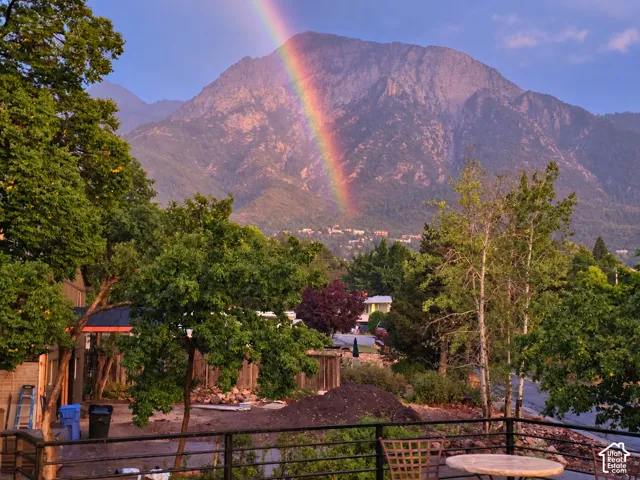 View to Mt Olympus from the elevated deck over the garage with a rainbow on August 13, 2026.