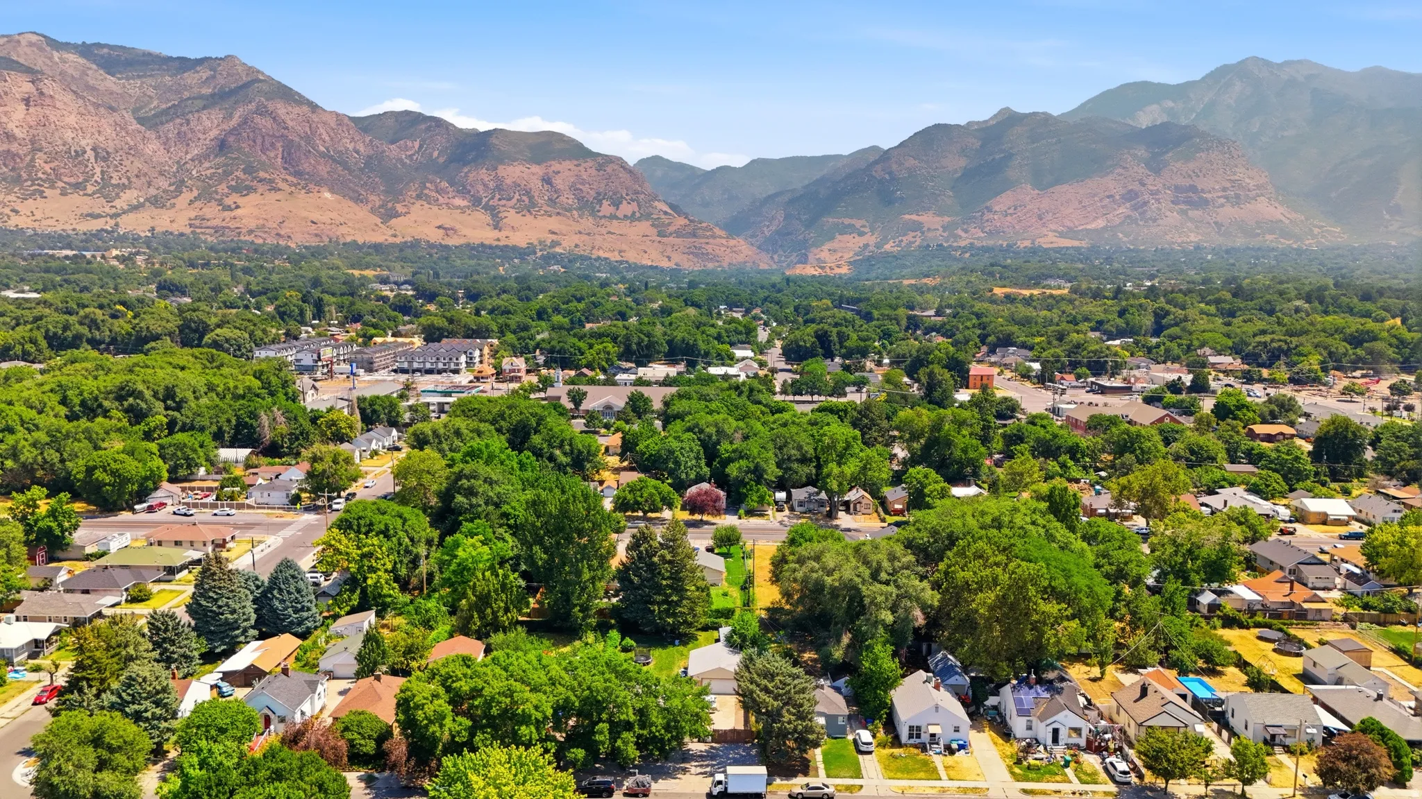 Expansive aerial perspective showcasing a residential area with mature tree coverage, framed by distant mountains