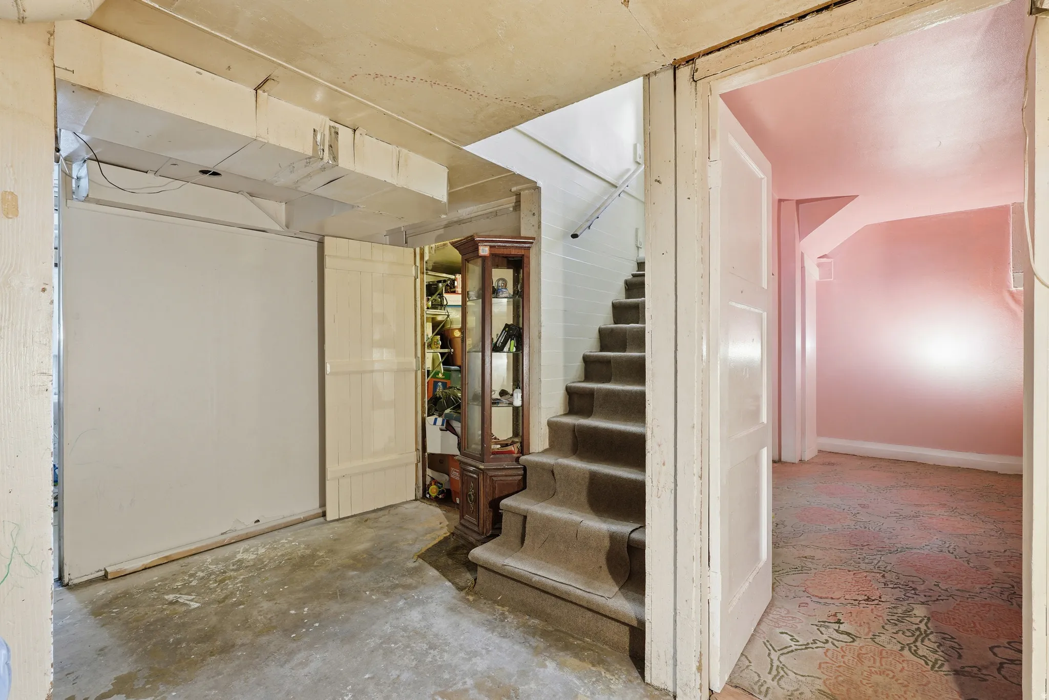 Basement area featuring a carpeted staircase with white risers, a sealed concrete floor, and a separate room with pink walls and patterned carpeting