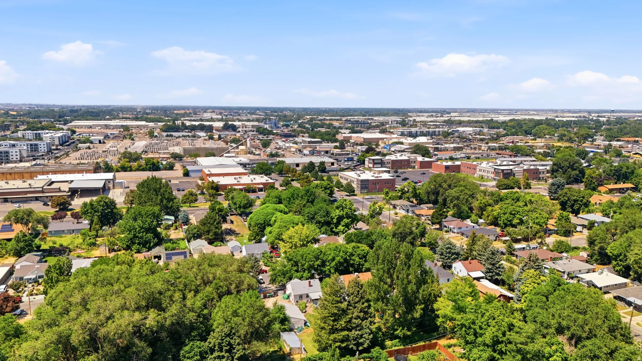Expansive aerial perspective showcasing a verdant residential area
