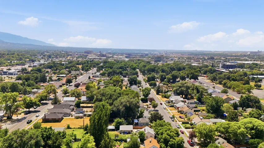Aerial perspective showcasing an expansive residential area with abundant mature trees and a distant mountainous backdrop