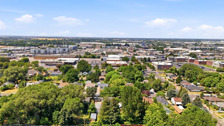Expansive aerial perspective showcasing a residential area with mature tree coverage and established homes, bordered by commercial and mixed-use buildings