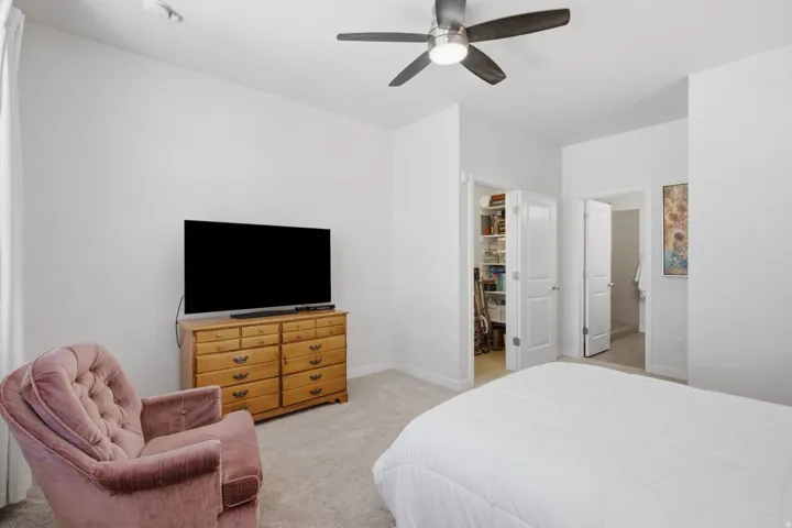Spacious bedroom featuring light-colored carpet flooring, a ceiling fan with integrated lighting, and multiple white paneled doors providing access to interior spaces