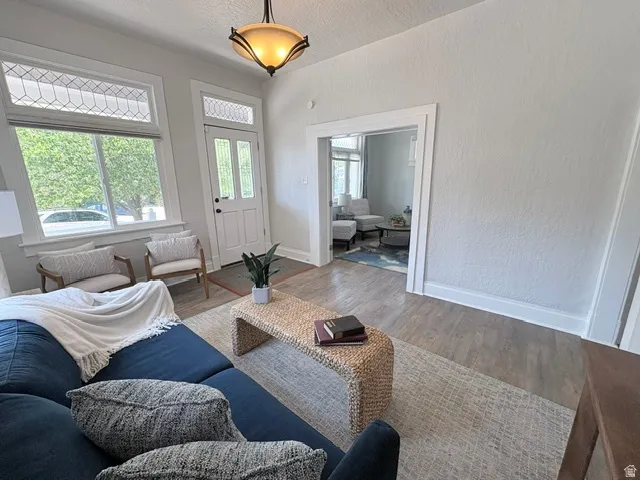 Spacious living area featuring wood-finish flooring, white trim, and a prominent front entry door with transom window