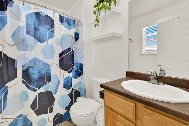 Bathroom featuring a light wood-finish vanity with a dark countertop and integrated sink
