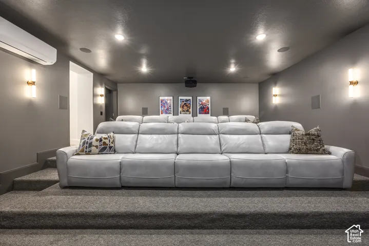 Dedicated media room featuring tiered seating platforms and dark gray carpeting