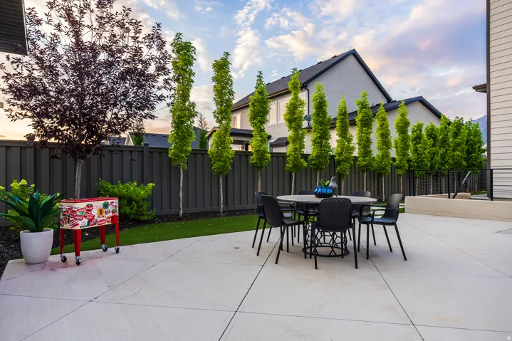 Spacious outdoor patio area featuring a concrete surface, privacy fencing, and artificial turf