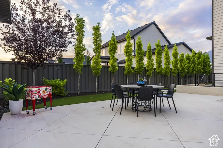 Spacious outdoor patio area featuring a concrete surface, privacy fencing, and artificial turf