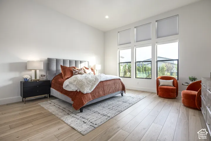 Room featuring tall ceilings and light wood-finish flooring