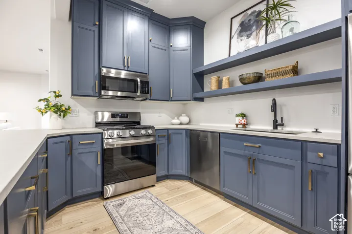 Modern kitchen featuring blue shaker-style cabinetry with gold hardware, stainless steel appliances, light-toned countertops, and wood-finish flooring